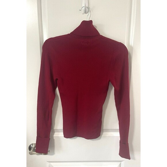 Aqua Merino Wool Turtleneck Ribbed Knit Sweater Red M Velvet trim sleeve cuffed - Picture 2 of 5